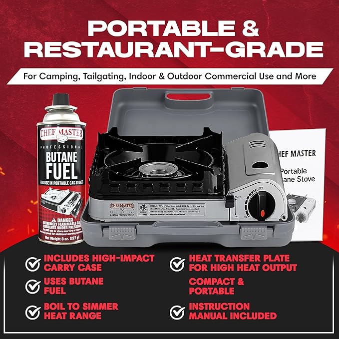 Chef Master 15,000 BTU Portable Butane Camping Stove COMBO with 4 x 8oz. Butane Fuel Canister, Double Wind-Guard Portable Stove Burner for Emergency, Road Trip, Backpacking & Camping Essential - 90019