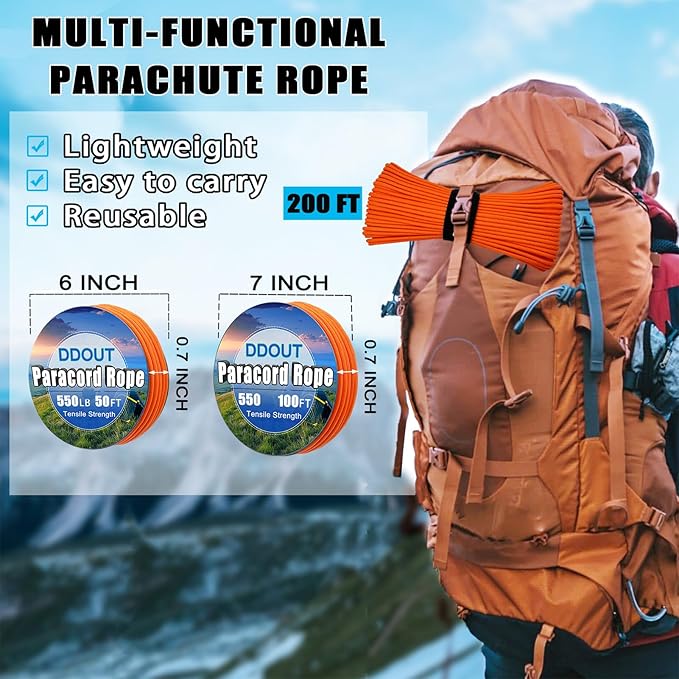 Paracord Nylon Rope Orange 100ft with 7-Strand Core, 10 Colors and 50/100/200 ft, Type III Parachute Cord 4mm for Camping, Survival, Hiking, DIY, Crafting, Outdoor Utility Rope