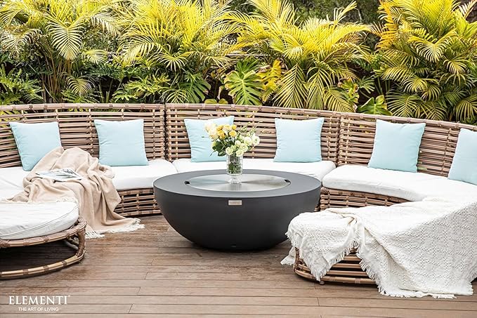 Elementi Lunar Bowl Cast Concrete Fire Table Bundle, Outdoor Fire Pit Fire Table Patio Furniture, Dark Gray (Natural Gas)