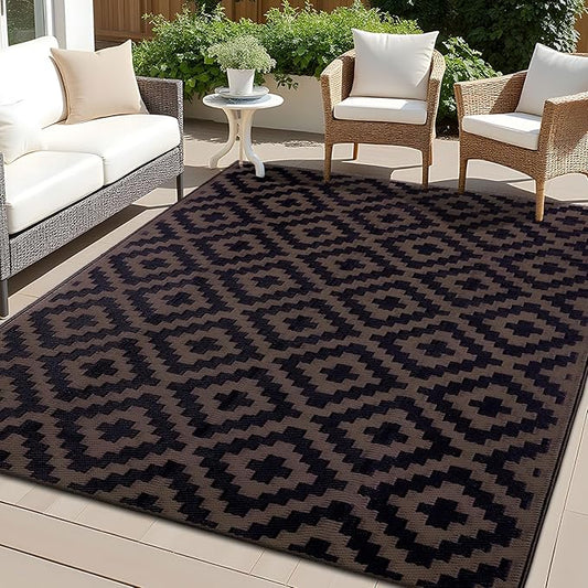 OLANLY Waterproof Outdoor Rug 4x6 ft, Outdoor Plastic Straw Rug for Camping, RV Mat Outside, Outdoor Carpet for Porch, Deck, Backyard, Balcony, Picnic, Black & Brown