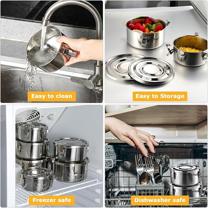 Zopeal 6 Pcs Stainless Steel Food Storage Containers with Lid Bento Lunch Boxes Reusable Metal Flat Canisters for Camping Trips Picnic Snacks Soups Salads Leftovers, 3 Sizes (54oz, 74oz, 101oz)