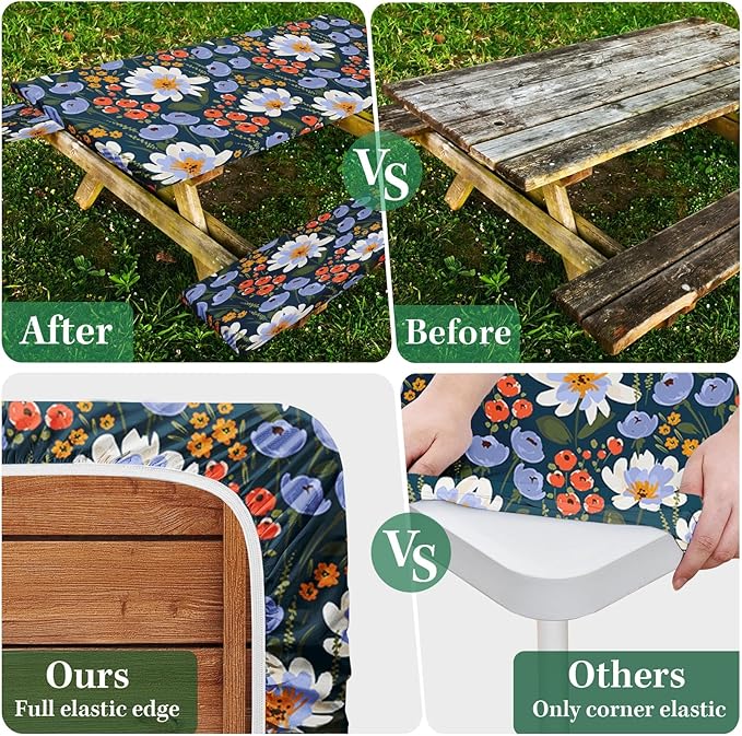 Picnic Table Cover with Bench Covers Elastic Edges, Floral Fitted Table Cover, Outdoor Patio Camping Essentials 72 Inch 3PCS, Waterproof Camping Fitted Tablecloth with Drawstring Bag