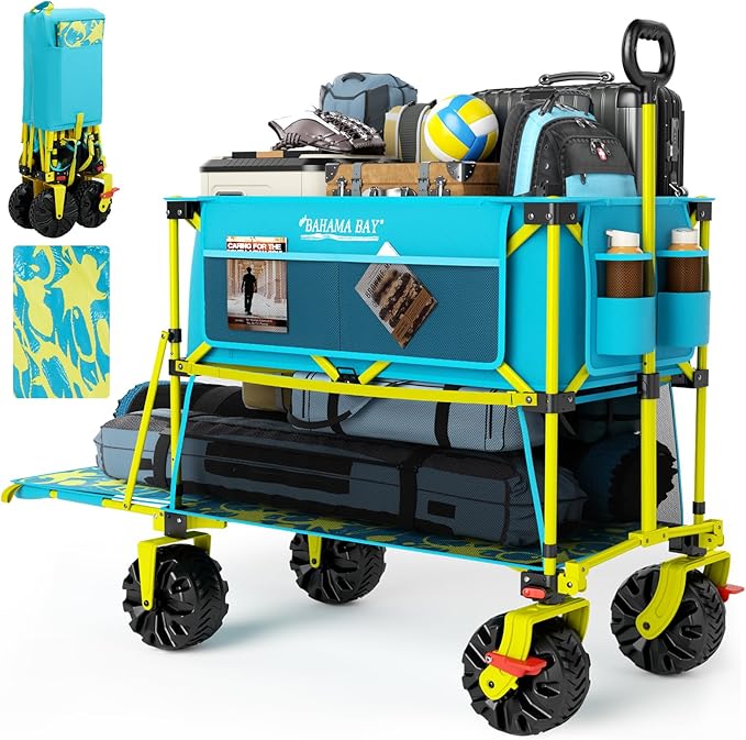 400L Collapsible Double Decker Beach Wagon with Brakes, Folding Beach Cart with 54" Extra Long Decker, 450LBS Heavy Duty Wagon Chart with All-Terrain Big Wheels for Sand Camping Garden
