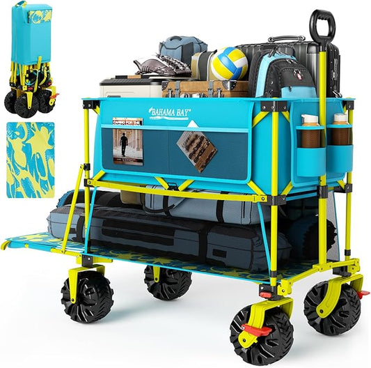 400L Collapsible Double Decker Beach Wagon with Brakes, Folding Beach Cart with 54" Extra Long Decker, 450LBS Heavy Duty Wagon Chart with All-Terrain Big Wheels for Sand Camping Garden