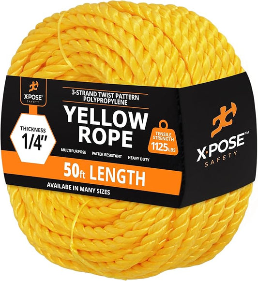 Yellow Twisted Polypropylene Rope, 1/4" Thickness x 50' Length Heavy Duty Poly Ropes for Outdoor and Marine Use, Yellow Rope for Visibility & Safety