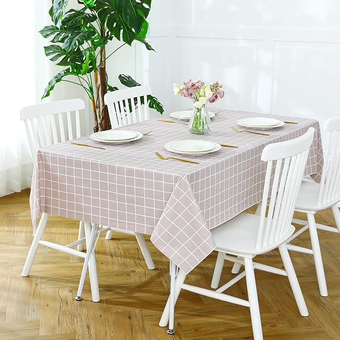 Romanstile Rectangle Plastic Tablecloth, 100% Waterproof Oil-Proof Checkered PVC Table Cloths, Heavy Duty Vinyl Table Covers for Dining, Camping, Picnic, Outdoor - 52 x 70 Inch, Sand