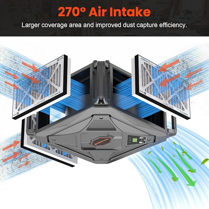 Abestorm 270 Degree Intake Air Filtration System, Built-in Ionizer, 780 CFM Hanging Dust Collector with Remote Control, for Woodworking Shops and Garage, 2-speed Adjustment, DecDust 780IG