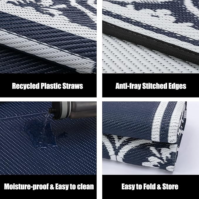 Outdoor Rug 8x10 Patio Camping Carpet Waterproof Mat Blue Outside Plastic Area Rug Reversible Rugs for RV Deck Entryance Porch Picnic Balcony Beach(8x10ft Navy Blue&White)