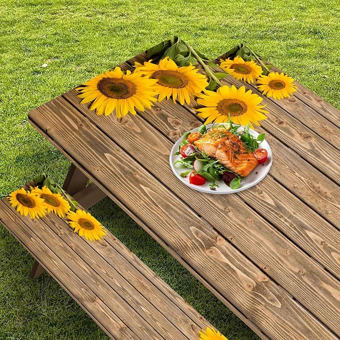 CAPSCEOLL Elastic Picnic Table Cover with Bench Covers 5Ft Waterproof Fitted Picnic Table Cover Cloths for Outdoors Camping Tablecloth with Drawstring Bag, 60X30in, Wooden Sunflowers