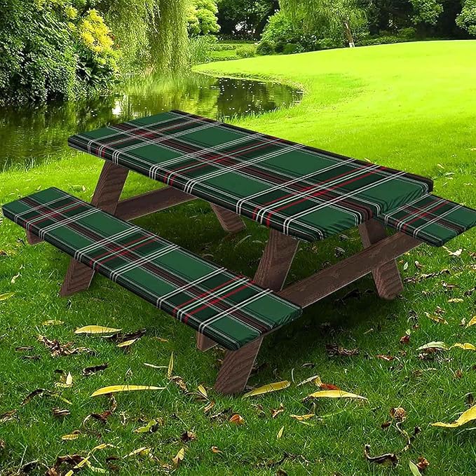 CAPSCEOLL Fitted Picnic Table Cover with Bench Covers with Elastic 6Ft Waterproof Picnic Table Cover for Outdoors Camping Tablecloth with Drawstring Bag, 72X30in, Christmas Green Buffalo Plaid