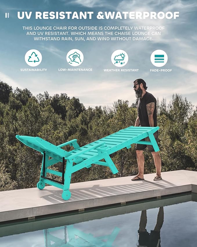 SERWALL Patio Chaise Lounge Chair Set of 2, 78'' Long 5-Positions Adjustable HDPE Outdoor Lounge Chair for Pool, Poly Lounge Chair with Rolling Wheels & Cup Holder for Poolside, Deck, Aqua Blue