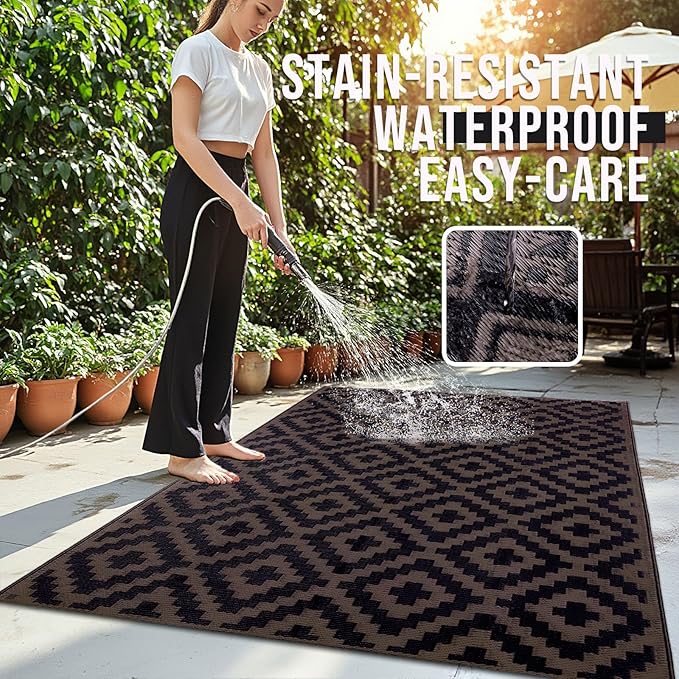 OLANLY Waterproof Outdoor Rug 5x8 ft, Outdoor Plastic Straw Rug for Camping, RV Mat Outside, Outdoor Carpet for Porch, Deck, Backyard, Balcony, Picnic, Black & Brown