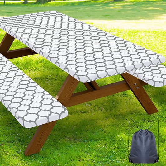 Smiry Picnic Table Cover with Bench Covers, Waterproof Elastic Fitted Tablecloth for 6 Foot Tables, Washable Polyester Tablecloths for Camping, Indoor & Outdoor (White Morocco, 30x72 Inch 3-pc Set)
