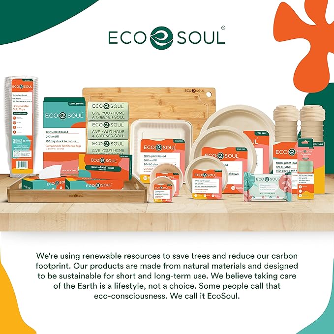 ECO SOUL 100% Compostable 9 Inch Paper Plates 200 [2x100 Pc] Disposable Party Plates I Heavy Duty Eco-Friendly Sturdy Dinner, Wedding, Event Plates I Biodegradable