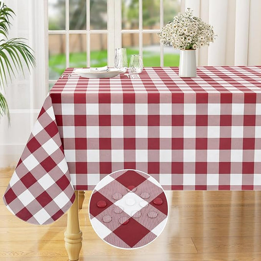 misaya Rectangle Waterproof Vinyl Table Cloth, Buffalo Flannel Backed Tablecloth, Wipeable Plastic Table Cover for Dinner, Kitchen, Outdoor (60" x 120", Burgundy and White)