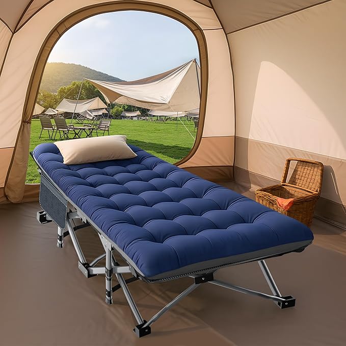 ABORON Folding Camping Cot W/Mat for Adults, Heavy Duty Outdoor Bed with Carry Bag,1200 D Layer Oxford Travel Camp Cots