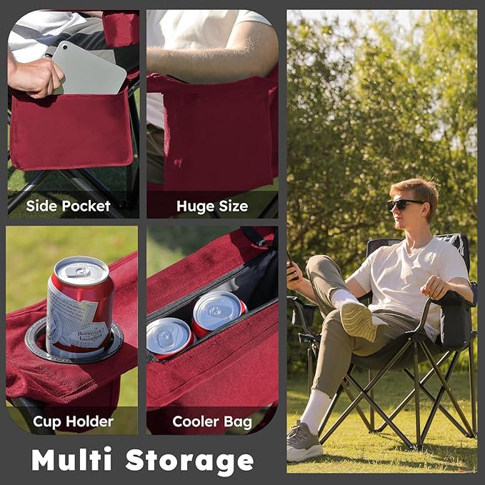 Oversized Folding Camping Chairs - 450 LBS Support Heavy Duty Camp Chair with Padded Cushion, Portable Outside Chairs with Carry Bag，Cooler, Cup Holder for Outdoor, Lawn, Sports - Red