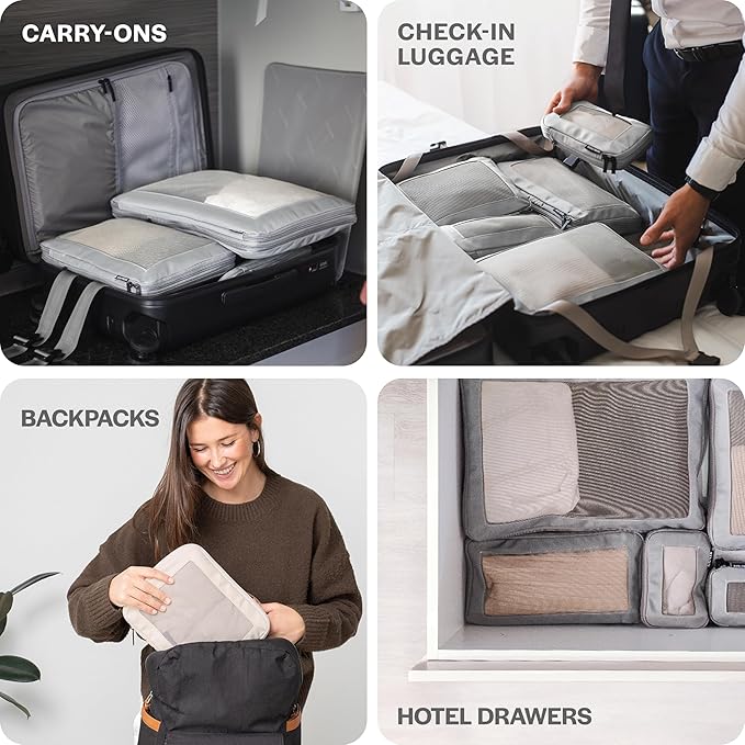 Compression Packing Cubes for Travel - Luggage Organizer Bags - Double Zipper Packing Cubes for Suitcases (2-Pack, Light Grey)
