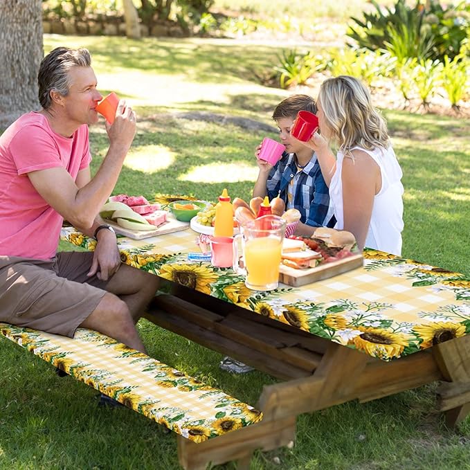Picnic Table Cover with Bench Covers Elastic Edges, Yellow Fitted Table Cover, Outdoor Patio Camping Essentials 60 Inch 3PCS, Waterproof Camping Fitted Tablecloth with Drawstring Bag