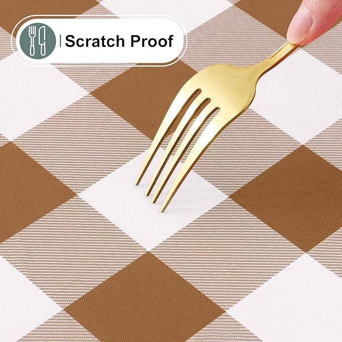 misaya Buffalo Rectangle Picnic Tablecloth, 6 Foot Elastic Fitted Vinyl Table Cloth with Flannel Backing, Waterproof Plaid Table Covers for Dining, Camping, Outdoor (Brown and White, 30" x 72")