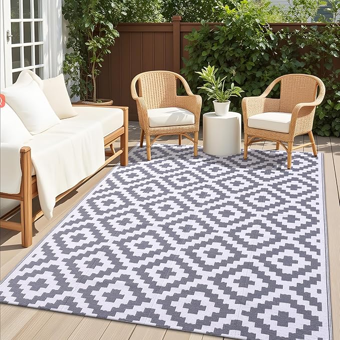 OLANLY Waterproof Outdoor Rug 5x8 ft, Outdoor Plastic Straw Rug for Camping, RV Mat Outside, Outdoor Carpet for Porch, Deck, Backyard, Balcony, Picnic, Grey & White