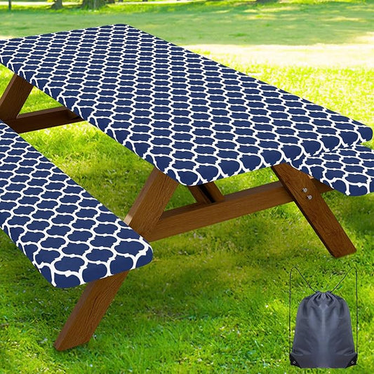 Smiry Picnic Table Cover with Bench Covers, Waterproof Elastic Fitted Tablecloth for 6 Foot Tables, Washable Polyester Tablecloths for Camping, Indoor & Outdoor (Navy Morocco, 30x72 Inch 3-pc Set)