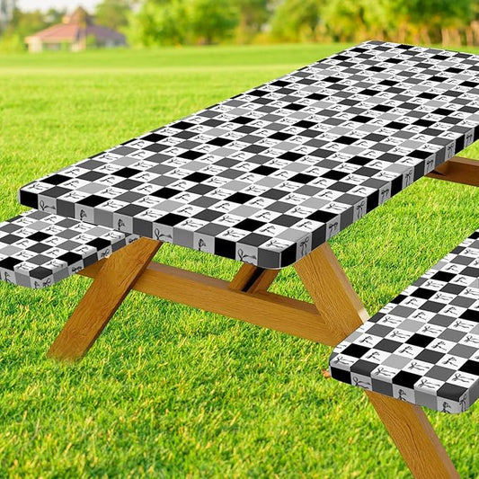 Picnic Table Cover with Bench Covers, Checkered Bownot Elastic Edges Waterproof Windproof Camping Essentials, Camping Fitted Tablecloth with Drawstring Bag, Pink White, 60in, Black White