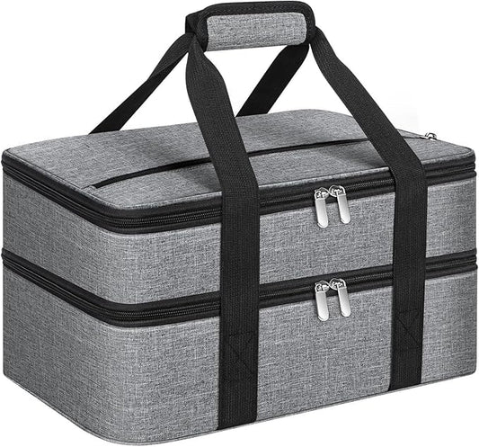 Double Insulated Casserole Carrier, Portable Casserole Carrier for Hot or Cold Food Lunch Tote Warmer or Cooler Bag, Lasagna Lunch Bag for Potluck Parties- Fits 9" x 13" Baking Dish-Grey