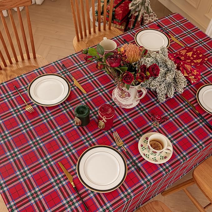 Romanstile Christmas Rectangle Vinyl Tablecloth, 100% Waterproof Oil-Proof Checkered PVC Table Cloth, Heavy Duty Xmas Plastic Table Cover for Dining, Party, Holiday Decor - 54 x 120 Inch, Red