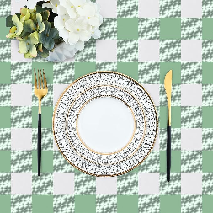 misaya Rectangle Waterproof Vinyl Table Cloth, Buffalo Flannel Backed Tablecloth, Wipeable Plastic Table Cover for Dinner, Kitchen, Outdoor (52" x 70", Sage Green and White)