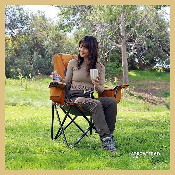 ARROWHEAD OUTDOOR 2-Pack Portable Folding Camping Quad Chair w/ 6-Can Cooler, Cup & Wine Glass Holders, Heavy-Duty Carrying Bag, Padded Armrests, Headrest & Seat, Supports up to 550lbs