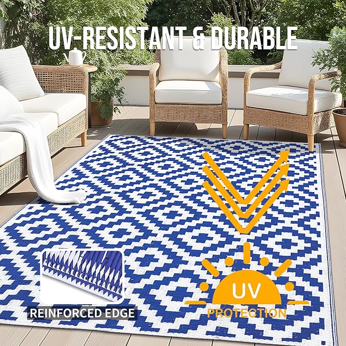 OLANLY Waterproof Outdoor Rug 5x8 ft, Outdoor Plastic Straw Rug for Camping, RV Mat Outside, Outdoor Carpet for Porch, Deck, Backyard, Balcony, Picnic, Blue & White