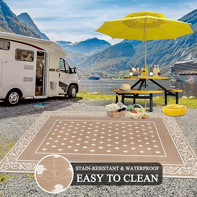 Pauwer Waterproof Outdoor Rug 8x10, Reversible Plastic Straw Patio Camping Rug, Indoor Outdoor RV Mat Carpet for Deck, Camper, Porch, Balcony, Backyard, Picnic, Bordered Beige