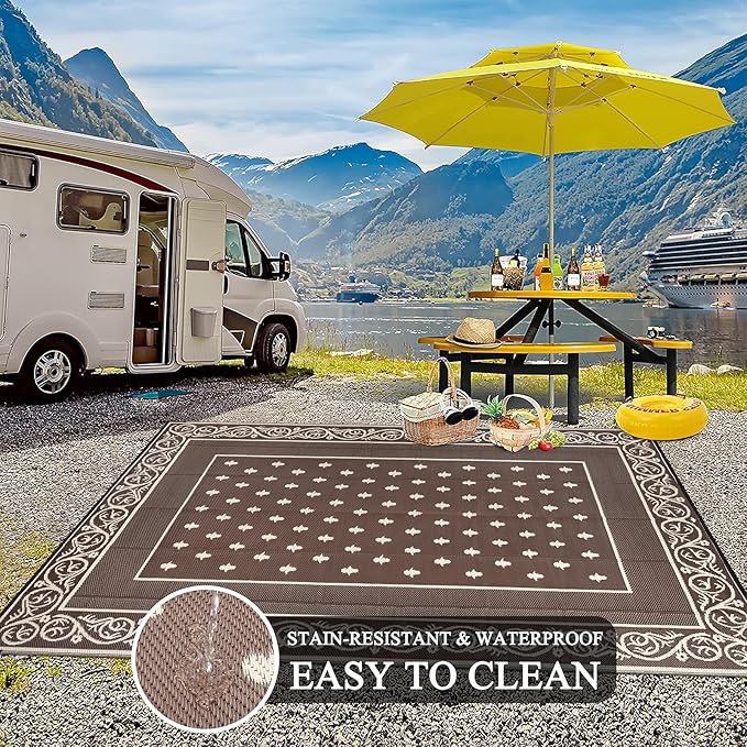 Pauwer Waterproof Outdoor Rug 8x10, Reversible Plastic Straw Patio Camping Rug, Indoor Outdoor RV Mat Carpet for Deck, Camper, Porch, Balcony, Backyard, Picnic, Bordered Brown