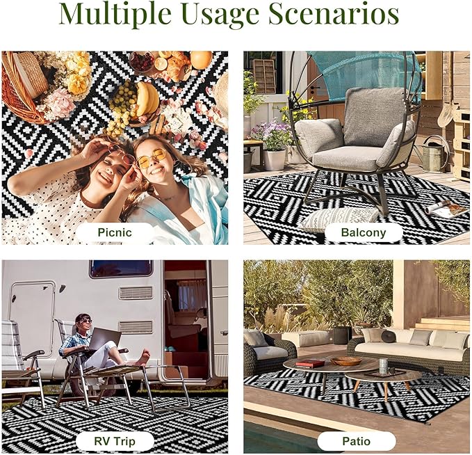 OPPODREAM Outdoor Rug 5x8 Ft, Waterproof Outdoor Plastic Straw Rug for Patio, Reversible Out Door Carpet for Camping, Deck, Rv, 5 x 8 Area Carpet for Balcony, Porch, Backyard, Black and White