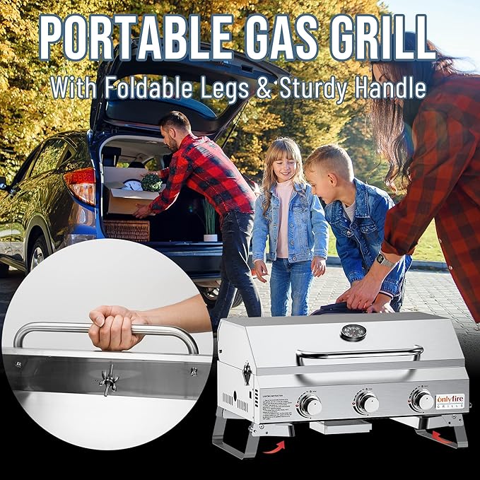 Tabletop Gas Grill 3 Burners, Stainless Steel Portable Propane Grill with Foldable Legs for Outdoor Patio Backyard Camping, Tailgating, RV Trip, Heavy Duty & 24000BTU, GS307