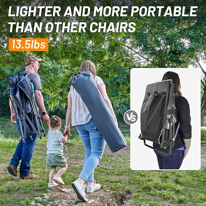 TIMBER RIDGE Oversized Camping Chair with Lumbar Support, Portable Folding Chair Heavy Duty for Adults Supports 450 LBS for Outdoor Camping, Lawn, with High Back, Cup Holder, Side Pocket - Blue