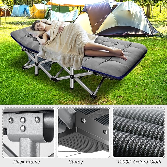 ABORON Folding Camping Cot W/Mat for Adults, Heavy Duty Outdoor Bed with Carry Bag,1200 D Layer Oxford Travel Camp Cots