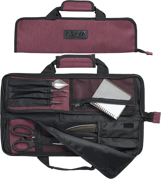 Asaya Chef Knife Roll Bag - 12 Pockets for Knives and Kitchen Utensils - Lightweight, Durable, and Stain Resistant Nylon - Perfect for the Traveling Chef - Knives not Included (Red)