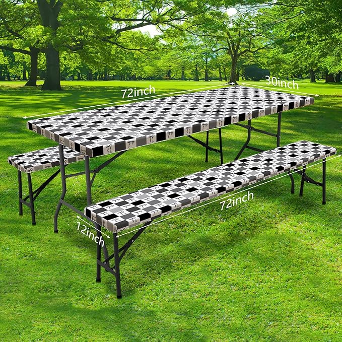 Picnic Table Cover with Bench Covers, Checkered Bownot Elastic Edges Waterproof Windproof Camping Essentials, Camping Fitted Tablecloth with Drawstring Bag, Pink White, 60in, Black White