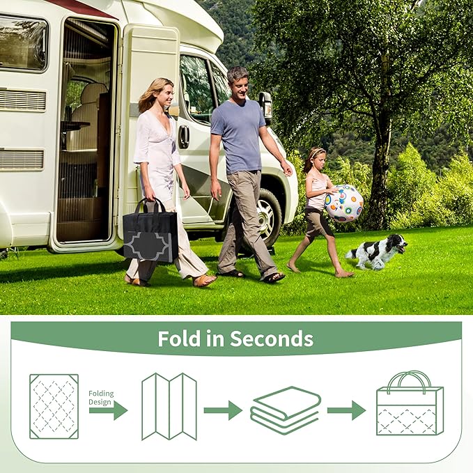 GENIMO 10 ' x 14 ' Outdoor Rug Waterproof for Patio Decor, Foldable Reversible Plastic Straw Area Rugs Mat for Camper, Outside Carpet for Rv, Deck, Porch, Picnic, Beach, Balcony, Black & Grey