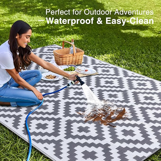 OLANLY Waterproof Outdoor Rug 4x6 ft, Outdoor Plastic Straw Rug for Camping, RV Mat Outside, Outdoor Carpet for Porch, Deck, Backyard, Balcony, Picnic, Grey & White