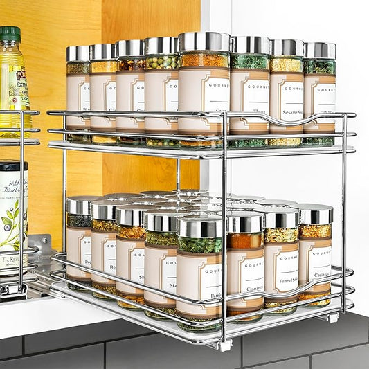 LYNK PROFESSIONAL® Pull Out Spice Rack Organizer for Inside Kitchen Cabinets - 8-1/4 inch Wide - Slide Out Drawer – Chrome Sliding Spice Cabinet Organization Shelf Racks - 2 Tier