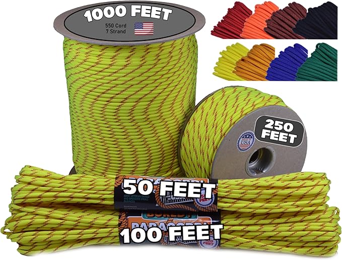 BORED? PARACORD! 550 lb Paracord - Ideal for Crafting, Camping, DIY Projects, Active & Military Outdoors - Strong Survival Rope - Tactical Parachute Cord Type III - Fast Pitch 1000 Feet