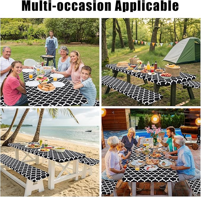 Smiry Picnic Table Cover with Bench Covers, Waterproof Elastic Fitted Tablecloth for 6 Foot Tables, Washable Polyester Tablecloths for Camping, Indoor & Outdoor (Black Morocco, 30x72 Inch 3-pc Set)