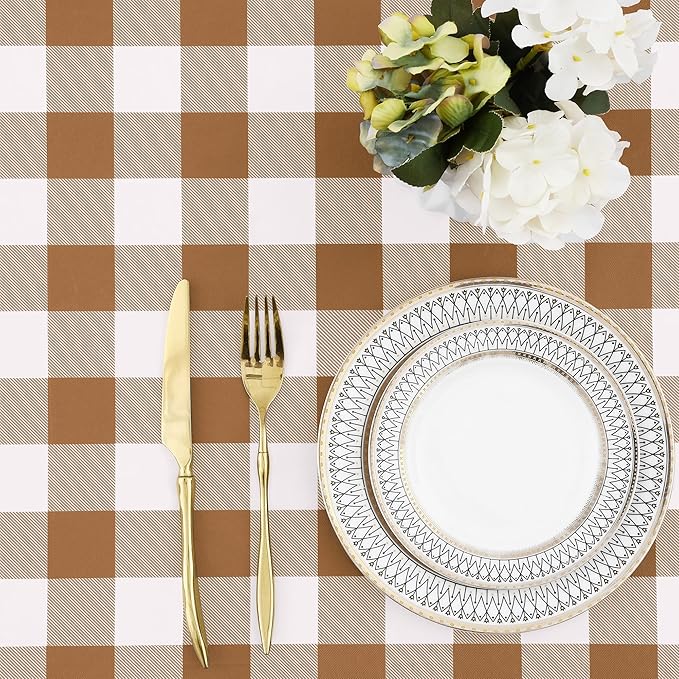 misaya Buffalo Rectangle Picnic Tablecloth, 6 Foot Elastic Fitted Vinyl Table Cloth with Flannel Backing, Waterproof Plaid Table Covers for Dining, Camping, Outdoor (Brown and White, 30" x 72")