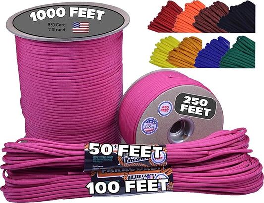 BORED? PARACORD! 550 lb Paracord - Ideal for Crafting, Camping, DIY Projects, Active & Military Outdoors - Strong Survival Rope - Tactical Parachute Cord Type III - Fuchsia 1000 Feet