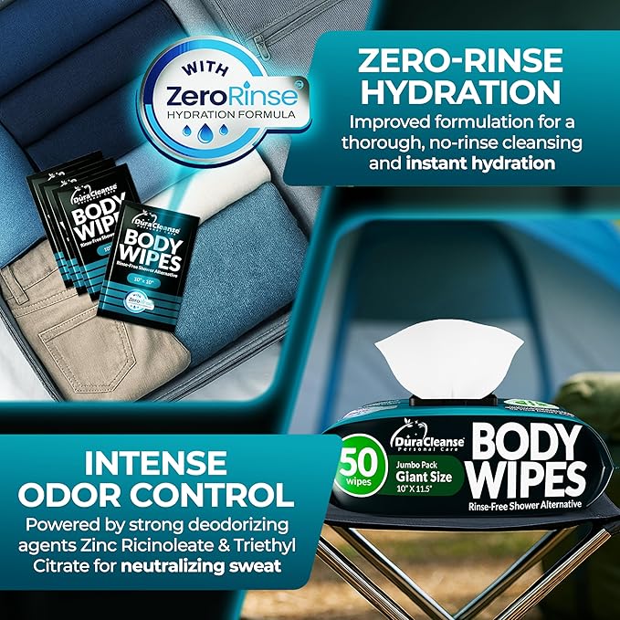 XL Body Wipes for Men - 50 No Rinse Shower Sheets + 4 Travel Bath Sachets - 9"x12" After Gym Mens Deodorant Wipes - Adult Disposable Washcloths, Face Towels for Camping Essentials & Survival Gear