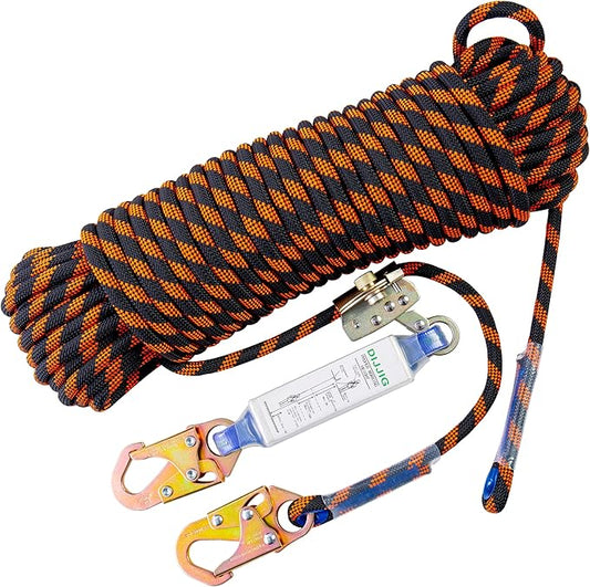 Rope Harness Safety Lanyard 100ft Vertical Roofing Rope with Grab Snap Hooks Shock Absorber Fall Protection Tree Climbing Line Kit Heavy Duty Roof Safety Equipment ANSI CE