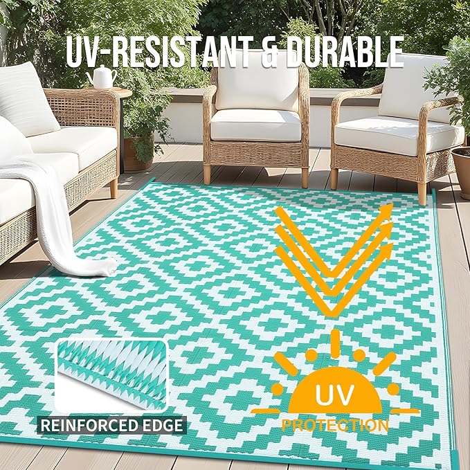 OLANLY Waterproof Outdoor Rug 8x10 ft, Outdoor Plastic Straw Rug for Camping, RV Mat Outside, Outdoor Carpet for Porch, Deck, Backyard, Balcony, Picnic, Turquoise & White